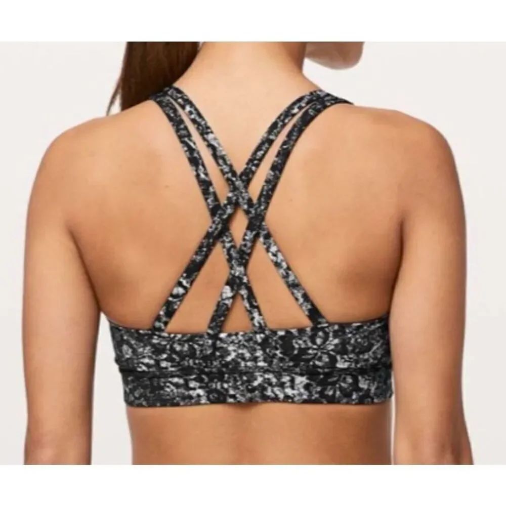 LULULEMON ENERGY black white print Strappy BACK SPORT BRA sz 4 S pickleball yoga